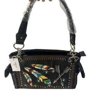 (8-208) Brand New w/Tag Black with Native Color Feathers & Arrows Shoulder Bag